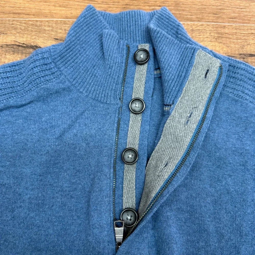 Banana Republic Mens L Blue Italian Yarn Button‎ 1/4 Zip Mock Neck Sweater READ